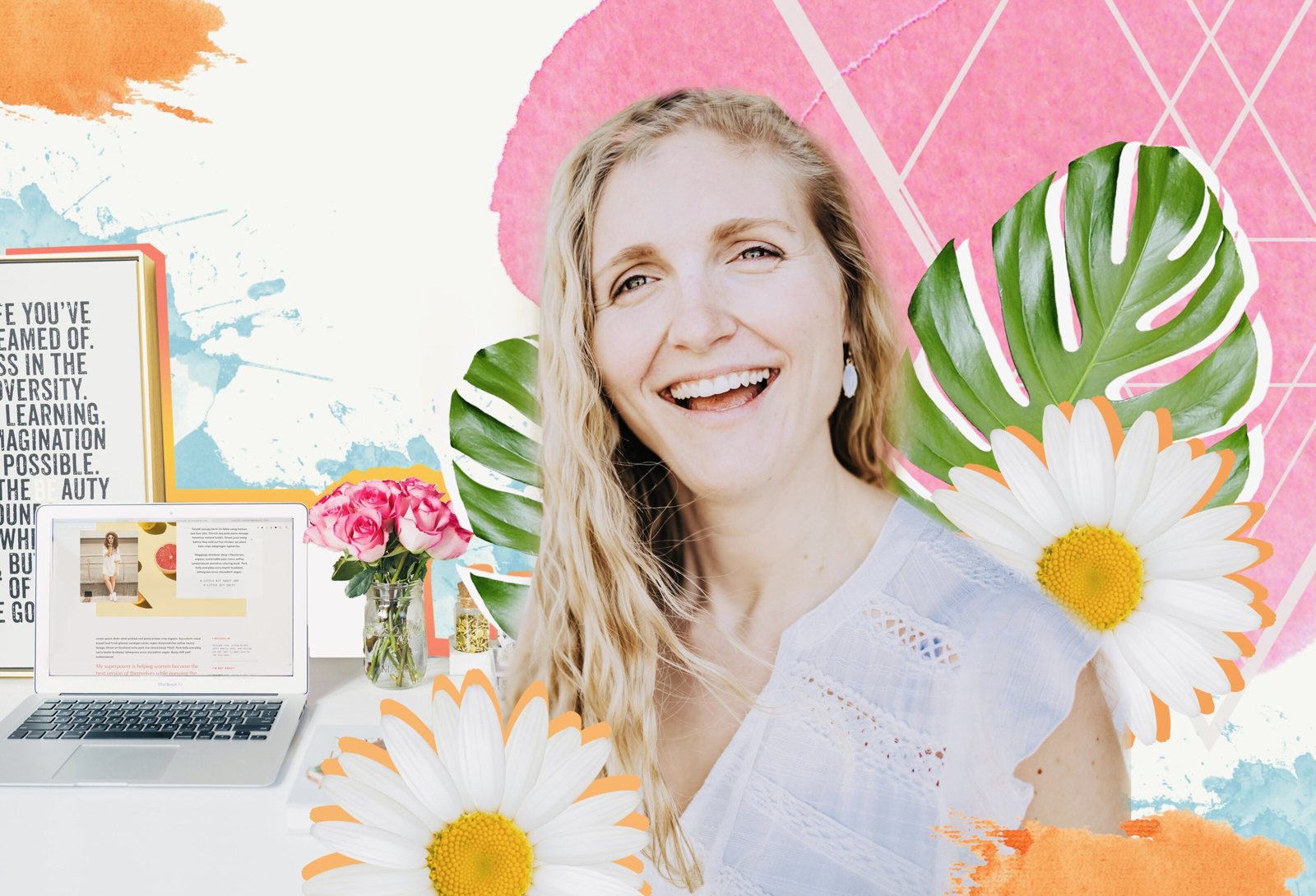 Collage joyeux : une femme rit au milieu de fleurs et de couleurs